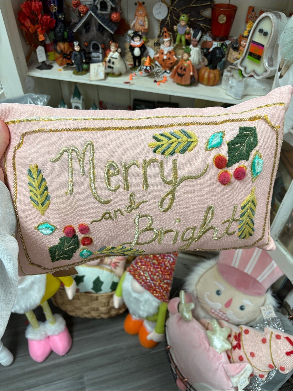 Creative Co-Op Pink Merry and Bright Embroidered Holiday Pillow